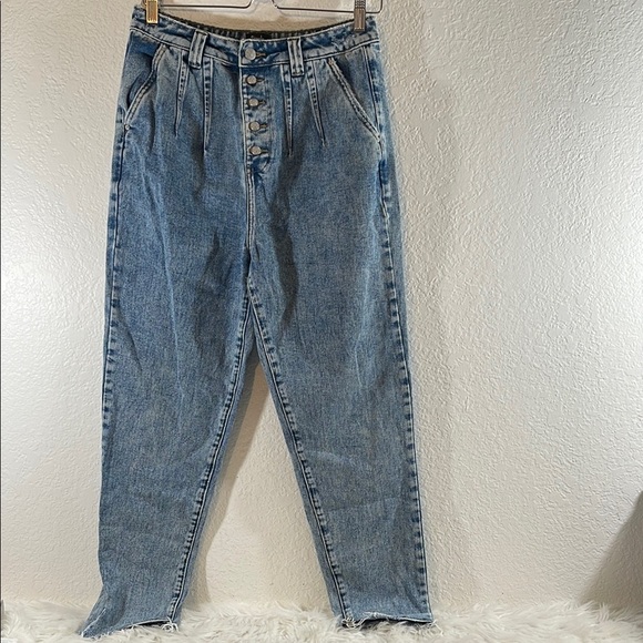 Simple Society Denim - SIMPLE SOCIETY Paperbag Waist High-Waisted Button Fly Raw Hem Blue Denim Jeans 9